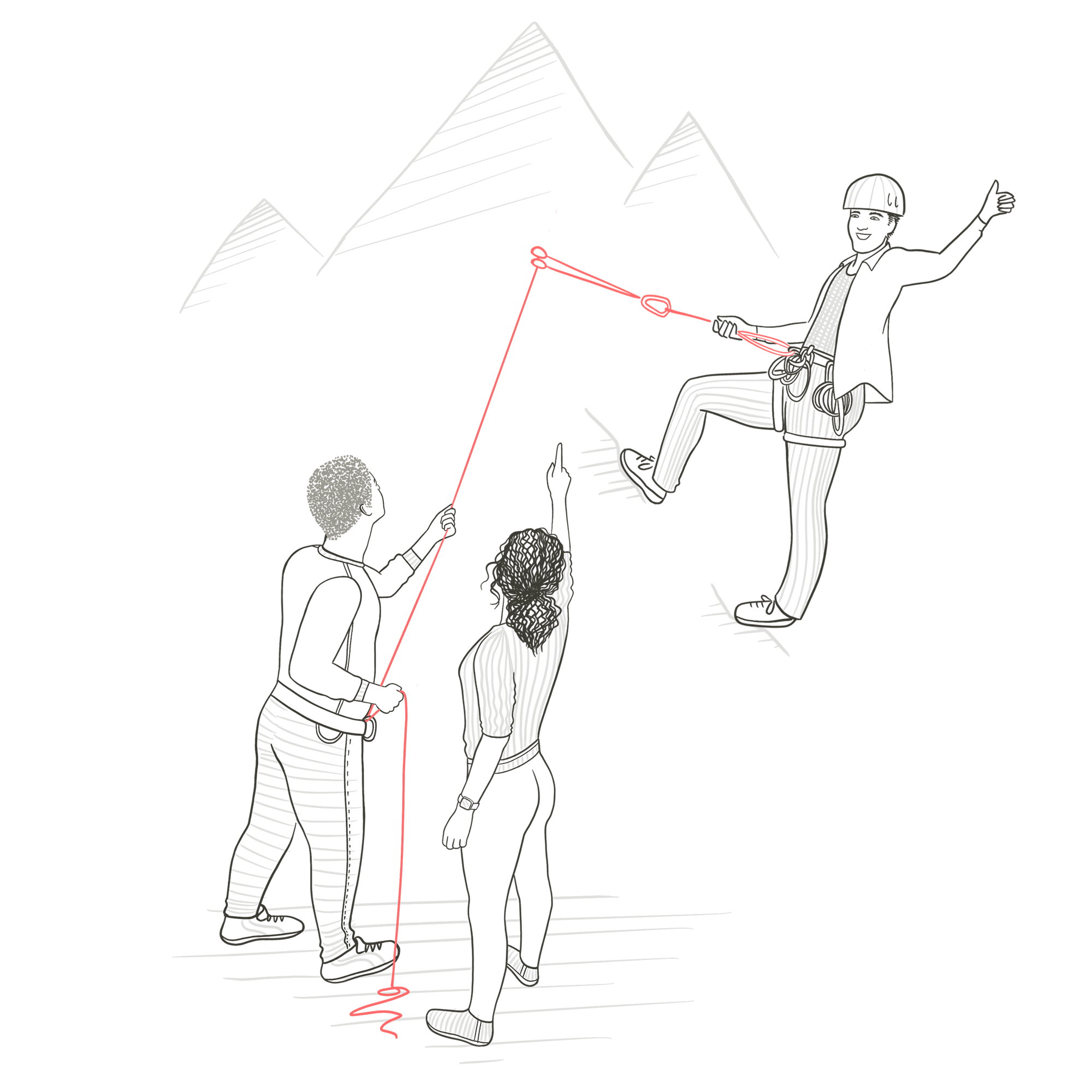 Two people holding a climbing man with a rope